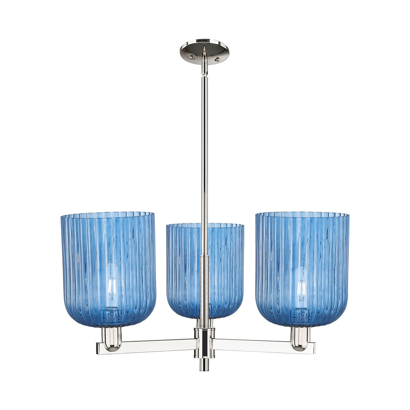 Innovations Bridal Veil 30in 3-Light Pendant | Industrial Polished Nickel and Princess Blue Ribbed Glass | Kitchen Island & | Model 716-3CR-PN-G559-8BL