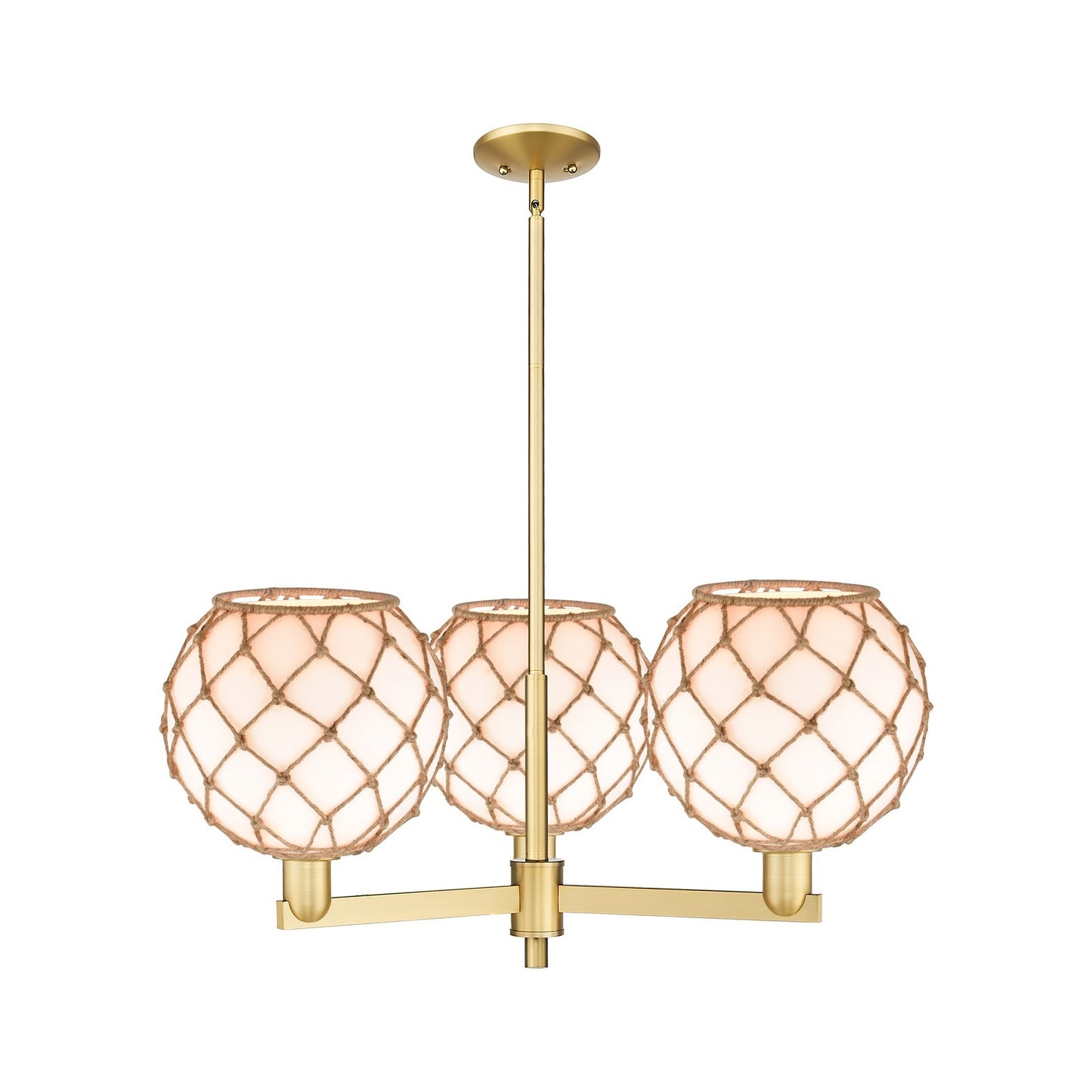 Innovations Farmhouse Rope 32in 3-Light Pendant | Industrial Satin Gold Steel and Matte White Glass with Brown Rope | Kitchen | Model 716-3CR-SG-G121-10RB