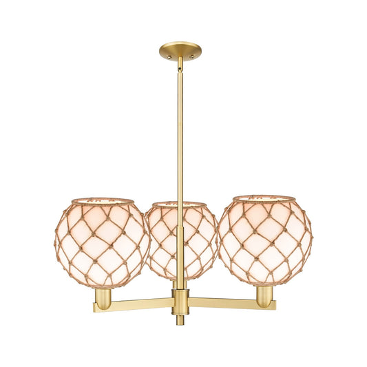 Innovations Farmhouse Rope 32in 3-Light Pendant | Industrial Satin Gold Steel and Matte White Glass with Brown Rope | Kitchen | Model 716-3CR-SG-G121-10RB