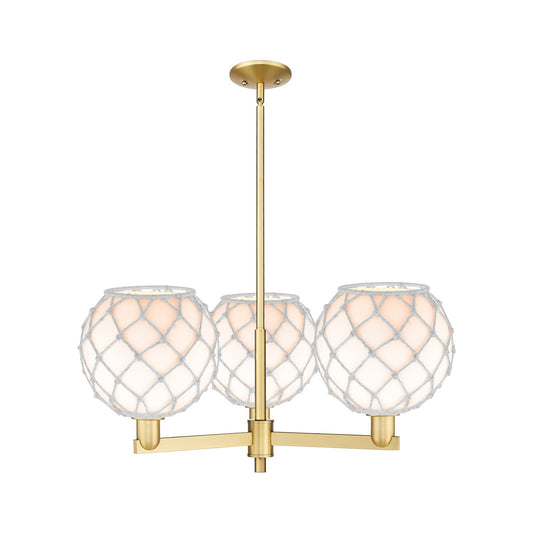 Innovations Farmhouse Rope 32in 3-Light Pendant | Industrial Satin Gold Steel and White Glass with Rope | Kitchen Island & | Model 716-3CR-SG-G121-10RW