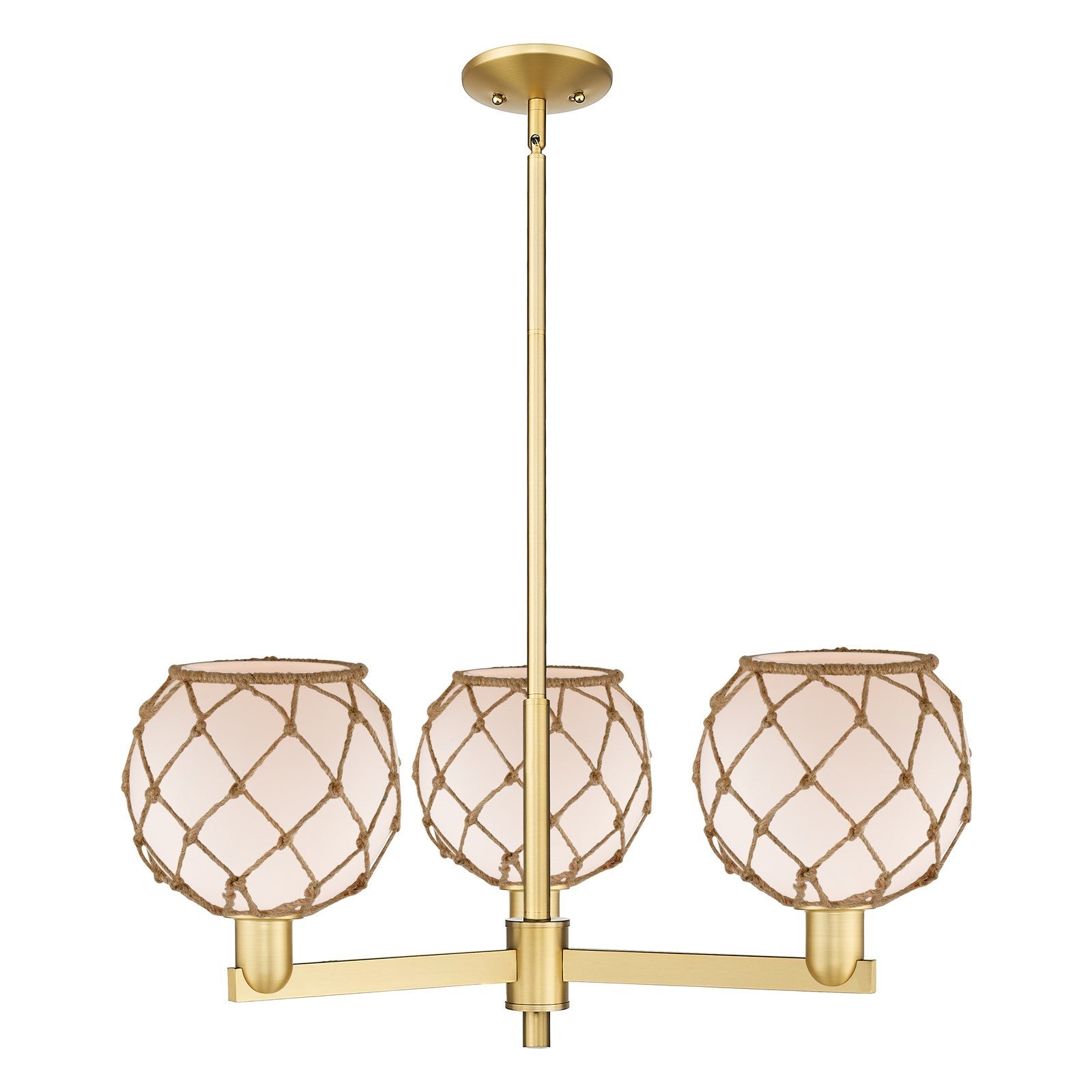 Innovations Farmhouse Rope 30in 3-Light Pendant | Industrial Satin Gold Steel and White Glass with Brown Rope | Kitchen Island | Model 716-3CR-SG-G121-8RB
