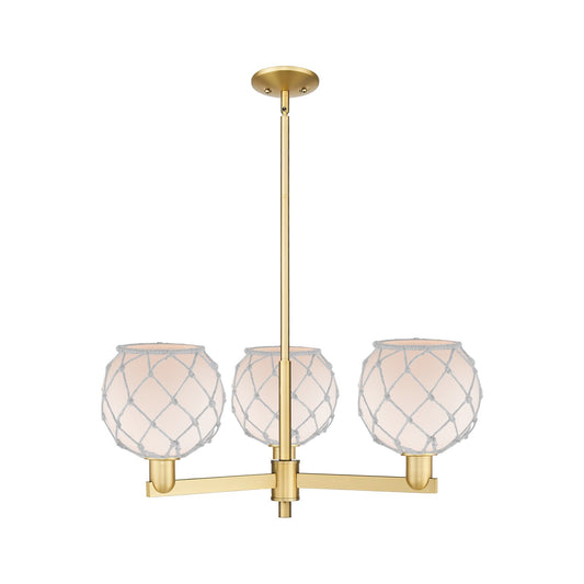 Innovations Farmhouse Rope 30in 3-Light Pendant | Industrial Satin Gold Steel and White Frosted Glass with Rope | Kitchen | Model 716-3CR-SG-G121-8RW