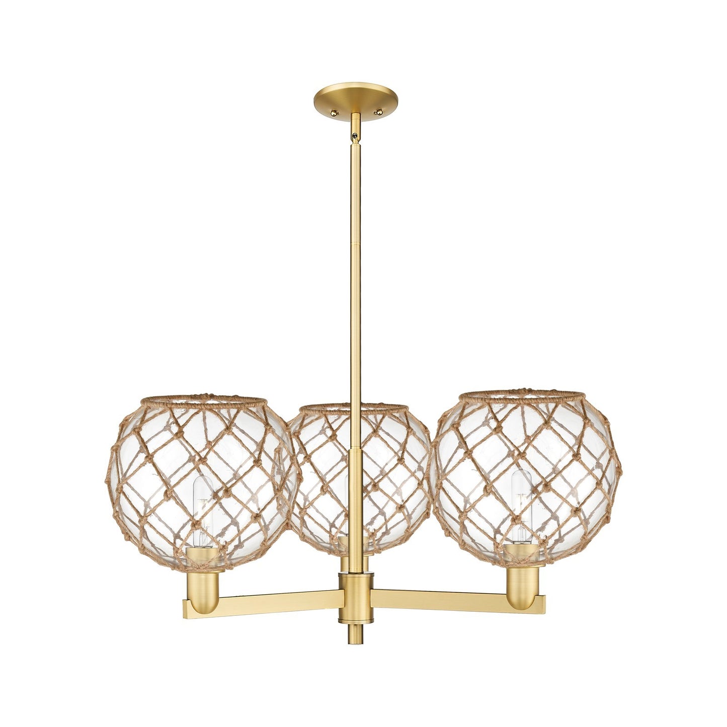 Innovations Farmhouse Rope 32in 3-Light Pendant | Industrial Satin Gold Steel and Clear Glass with Brown Rope | Kitchen | Model 716-3CR-SG-G122-10RB