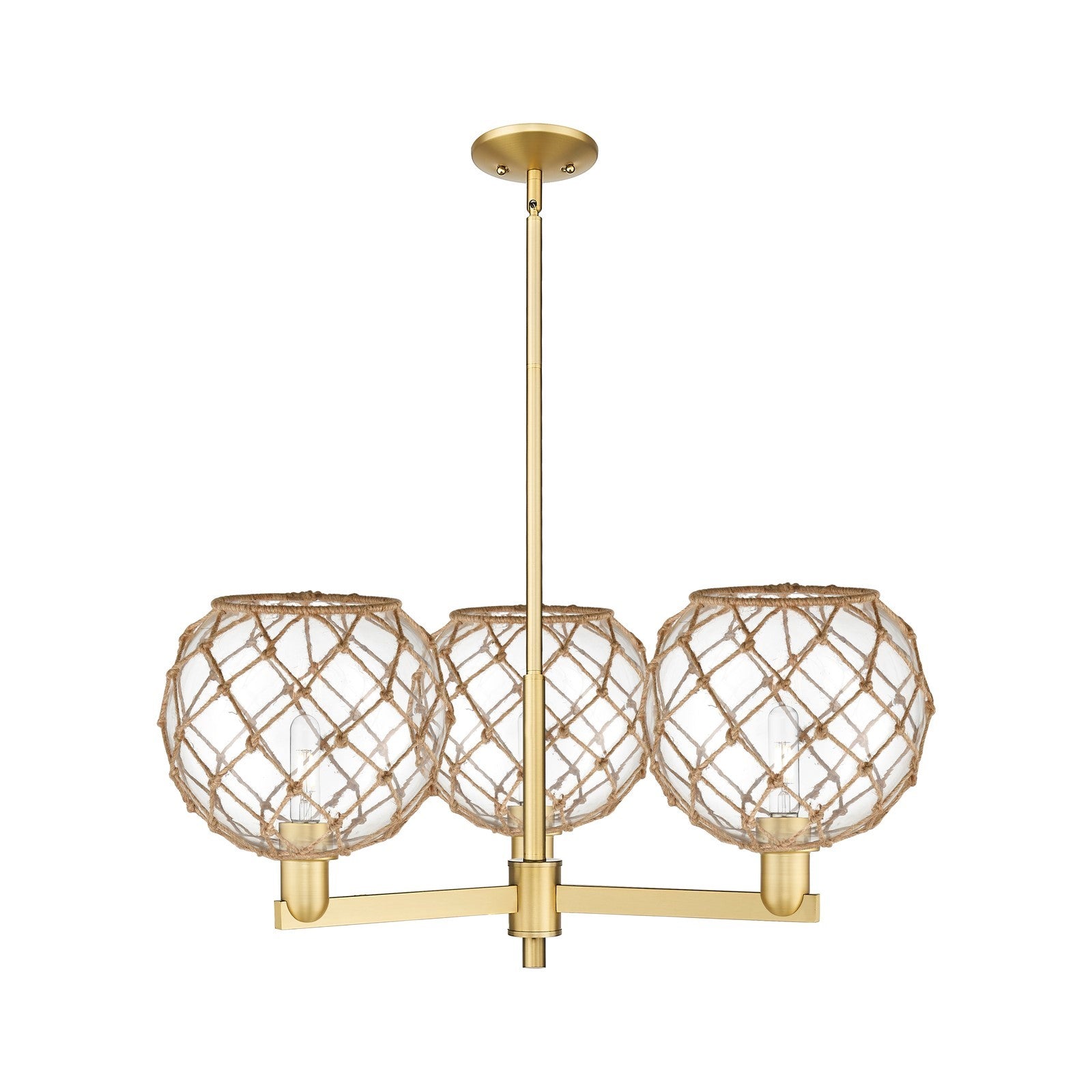 Innovations Farmhouse Rope 32in 3-Light Pendant | Industrial Satin Gold Steel and Clear Glass with Brown Rope | Kitchen | Model 716-3CR-SG-G122-10RB