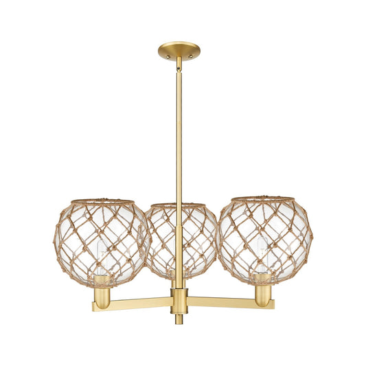 Innovations Farmhouse Rope 32in 3-Light Pendant | Industrial Satin Gold Steel and Clear Glass with Brown Rope | Kitchen | Model 716-3CR-SG-G122-10RB