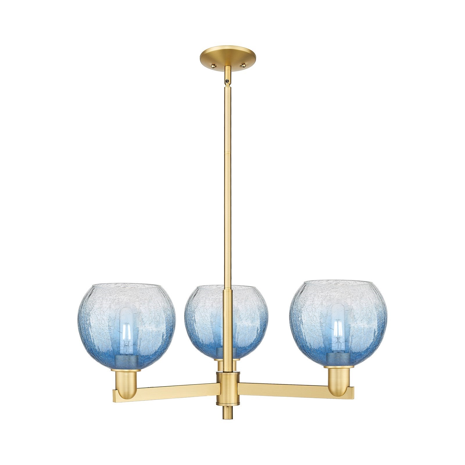 Innovations Brookhaven Globe 30in 3-Light Pendant | Industrial Satin Gold Steel and Sapphire Blue Glass | Kitchen Island & | Model 716-3CR-SG-G483-8SB