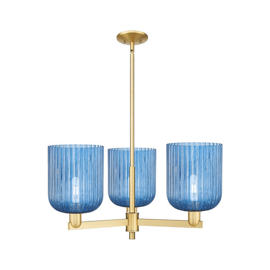 Innovations Bridal Veil 30in 3-Light Pendant | Industrial Satin Gold Steel and Princess Blue Ribbed Glass | Kitchen Island & | Model 716-3CR-SG-G559-8BL