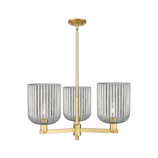 Innovations Bridal Veil 30in 3-Light Pendant | Industrial Satin Gold Steel and Cast Brass with Light Smoke Ribbed Glass | Model 716-3CR-SG-G559-8SM