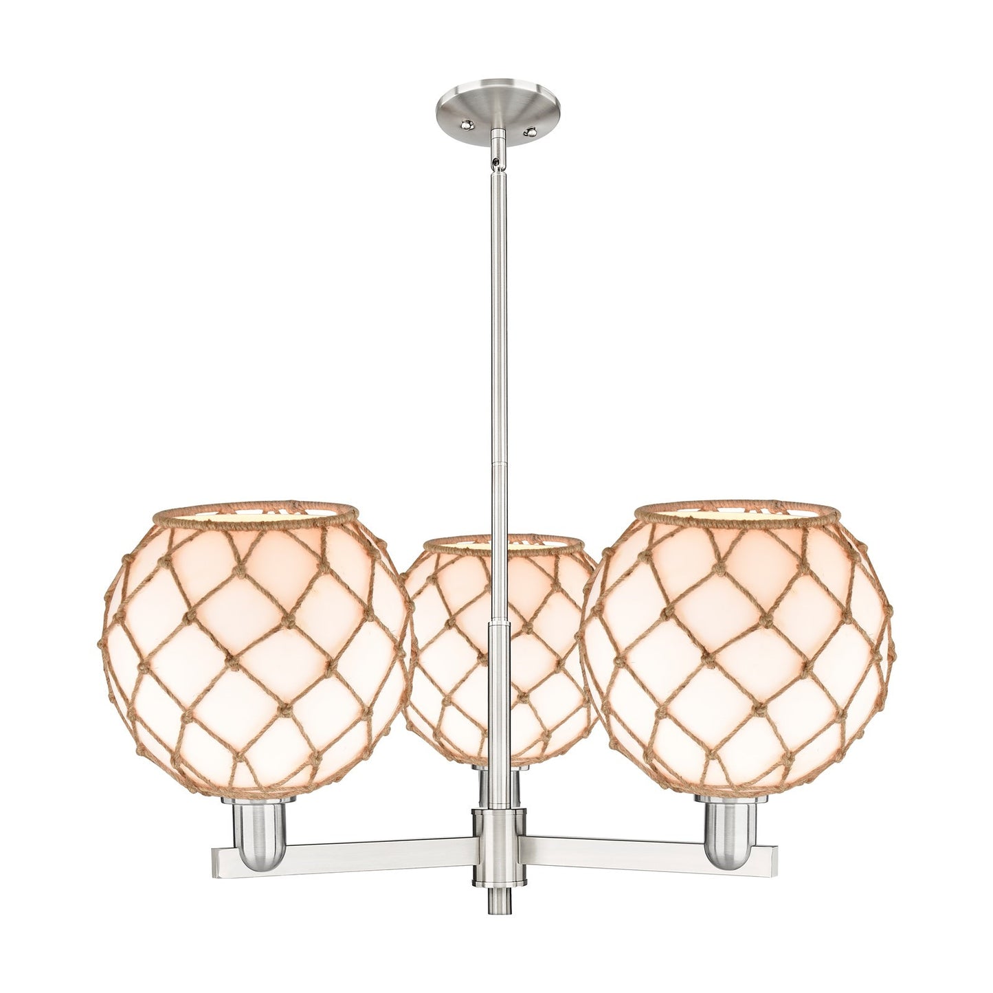 Innovations Farmhouse Rope 32in 3-Light Pendant | Industrial Satin Nickel Steel and Matte White Glass with Brown Rope | Model 716-3CR-SN-G121-10RB