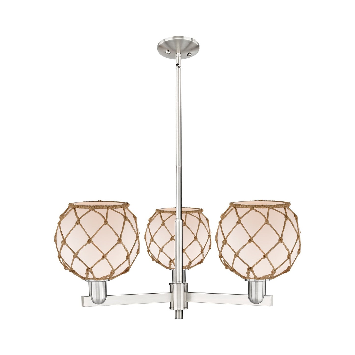 Innovations Farmhouse Rope 30in 3-Light Pendant | Industrial Satin Nickel Steel and White Frosted Glass with Brown Rope | Model 716-3CR-SN-G121-8RB