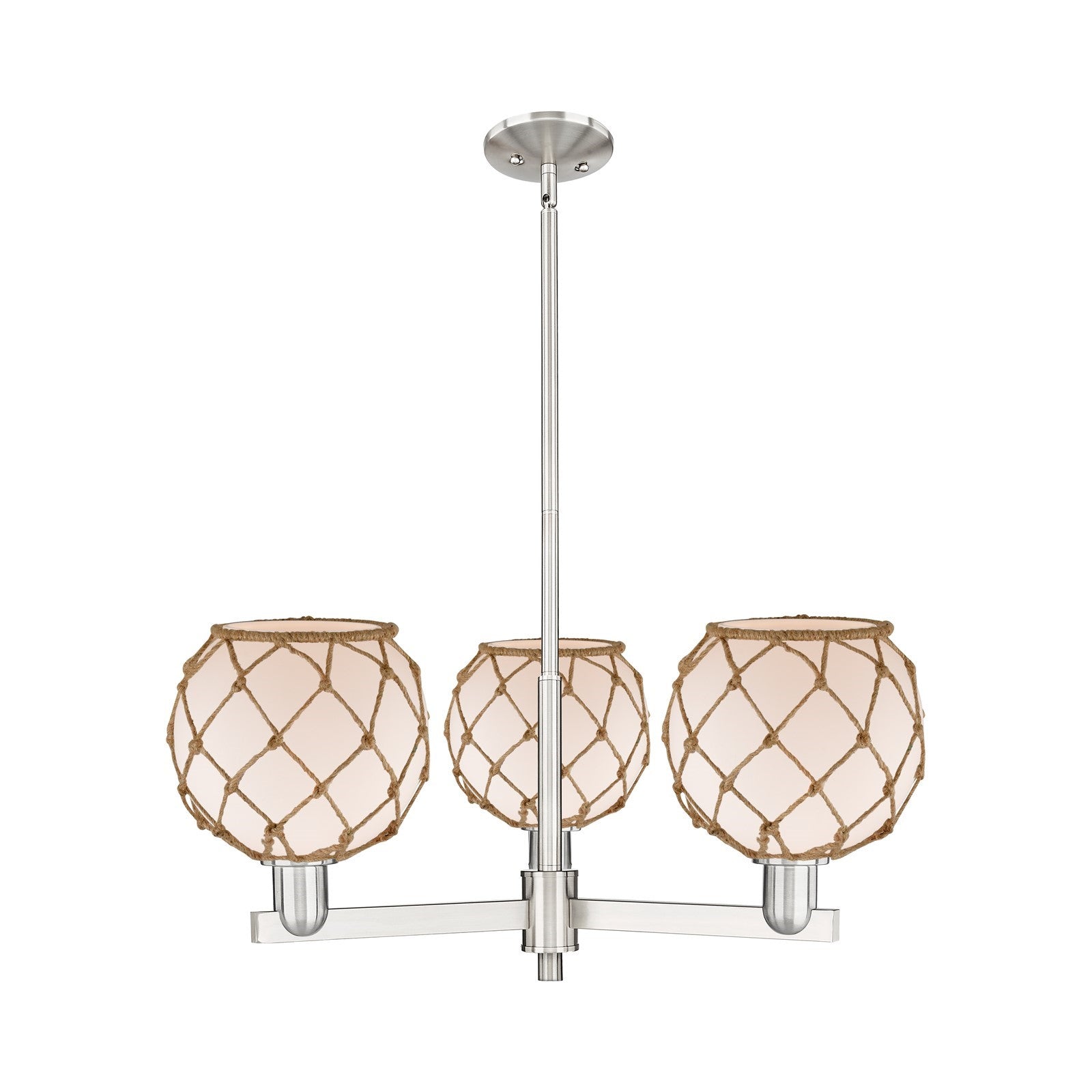 Innovations Farmhouse Rope 30in 3-Light Pendant | Industrial Satin Nickel Steel and White Frosted Glass with Brown Rope | Model 716-3CR-SN-G121-8RB
