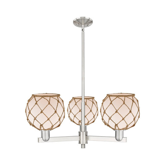 Innovations Farmhouse Rope 30in 3-Light Pendant | Industrial Satin Nickel Steel and White Frosted Glass with Brown Rope | Model 716-3CR-SN-G121-8RB