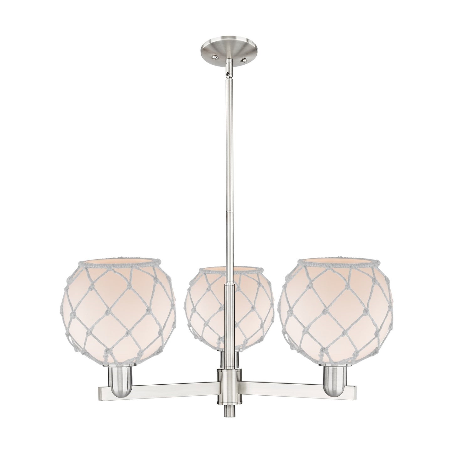 Innovations Farmhouse Rope 30in 3-Light Pendant | Industrial Satin Nickel Steel and White Frosted Glass with Rope | Kitchen | Model 716-3CR-SN-G121-8RW