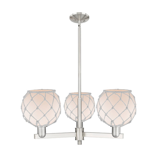 Innovations Farmhouse Rope 30in 3-Light Pendant | Industrial Satin Nickel Steel and White Frosted Glass with Rope | Kitchen | Model 716-3CR-SN-G121-8RW
