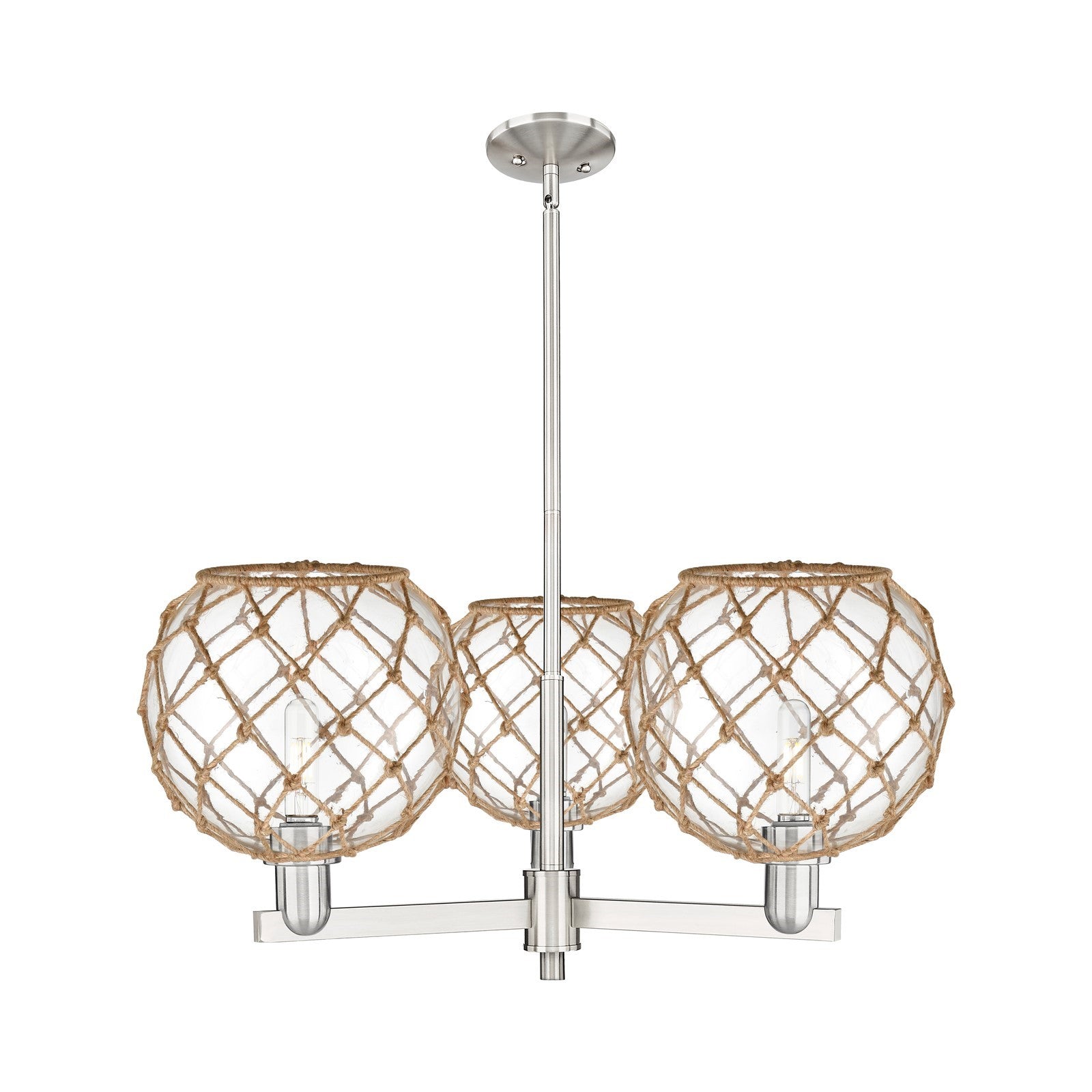 Innovations Farmhouse Rope 32in 3-Light Pendant | Industrial Satin Nickel Steel and Clear Glass with Brown Rope | Kitchen | Model 716-3CR-SN-G122-10RB