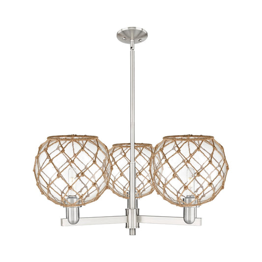 Innovations Farmhouse Rope 32in 3-Light Pendant | Industrial Satin Nickel Steel and Clear Glass with Brown Rope | Kitchen | Model 716-3CR-SN-G122-10RB