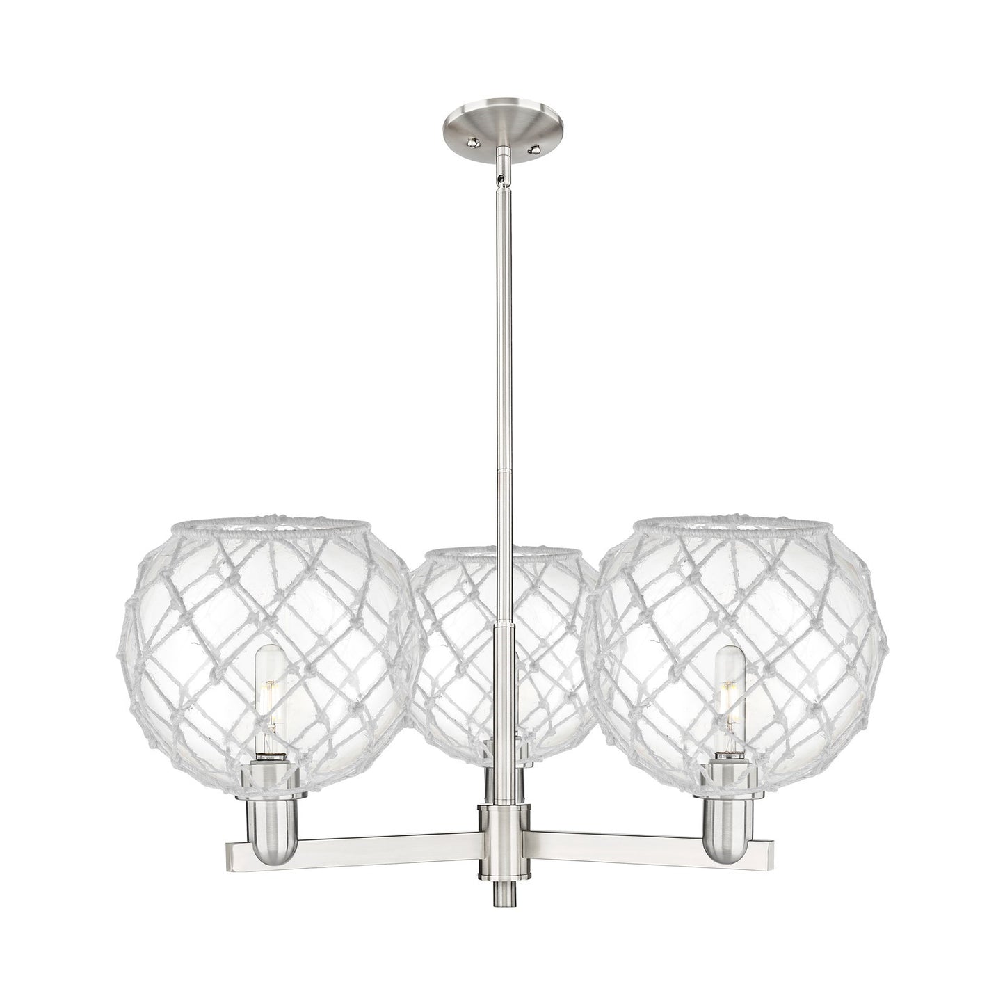 Innovations Farmhouse Rope 32in 3-Light Pendant | Industrial Satin Nickel Steel and Clear Glass with White Rope | Kitchen | Model 716-3CR-SN-G122-10RW