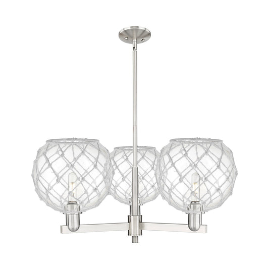 Innovations Farmhouse Rope 32in 3-Light Pendant | Industrial Satin Nickel Steel and Clear Glass with White Rope | Kitchen | Model 716-3CR-SN-G122-10RW