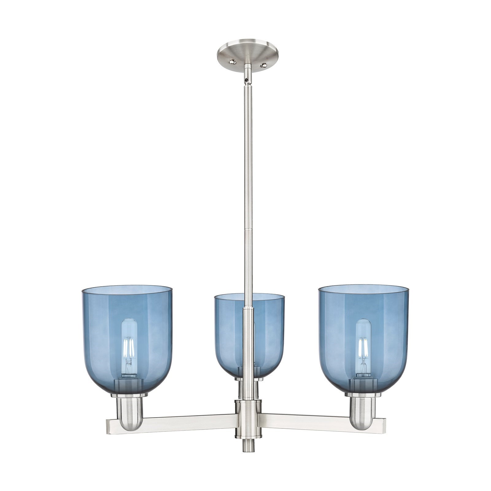 Innovations Bella 27in 3-Light Pendant | Industrial Satin Nickel and Blue Glass | Kitchen Island & Dining Room | 27.25 x 27.25 | Model 716-3CR-SN-G558-6BL