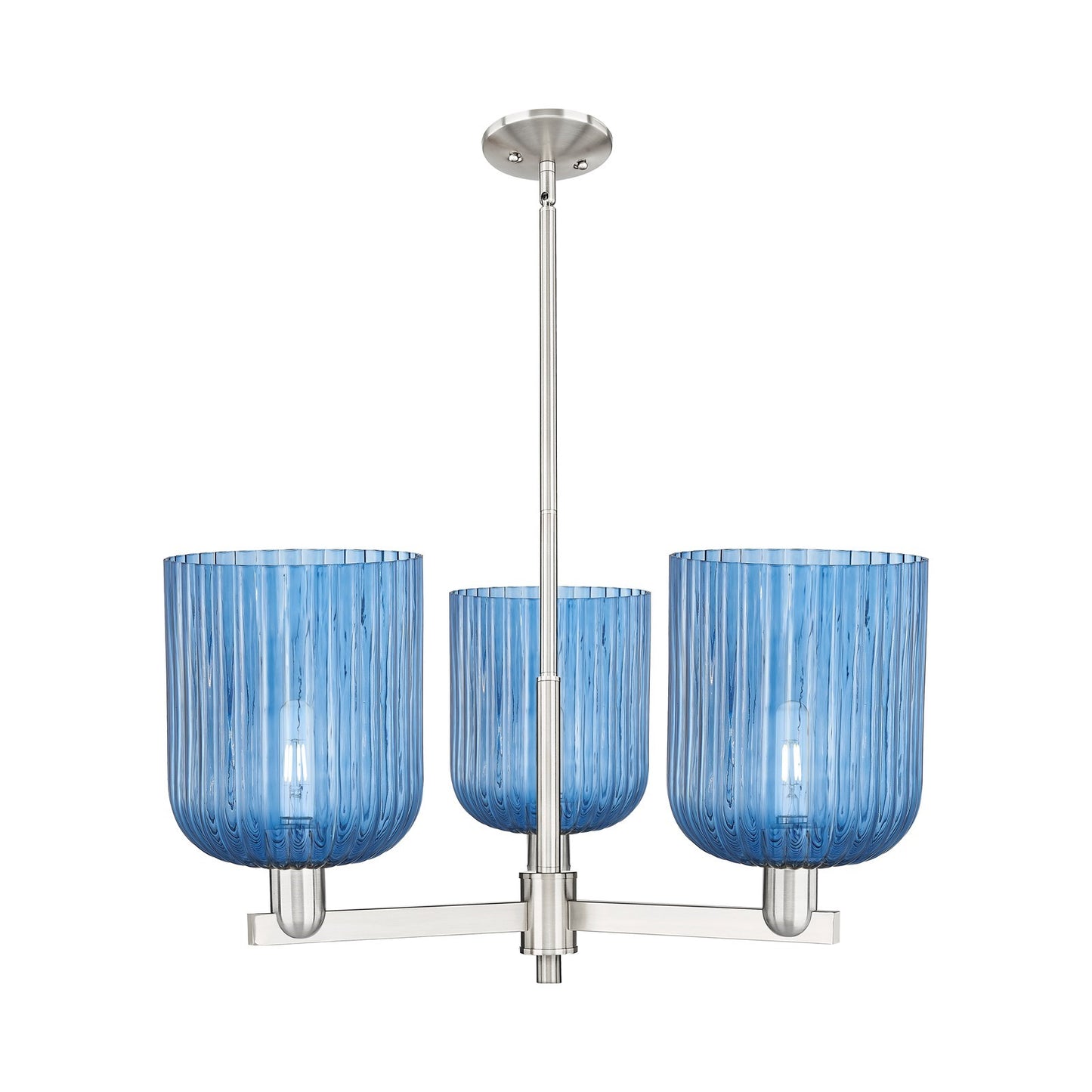 Innovations Bridal Veil 30in 3-Light Pendant | Industrial Satin Nickel and Princess Blue Ribbed Glass | Kitchen Island & | Model 716-3CR-SN-G559-8BL