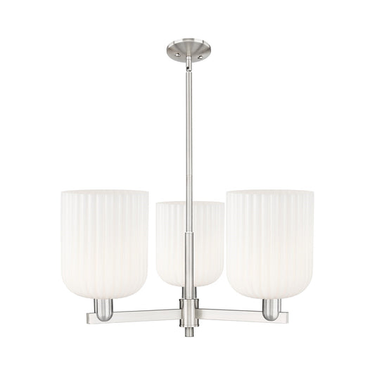Innovations Bridal Veil 30in 3-Light Pendant | Industrial Satin Nickel and Gloss White Ribbed Glass | Kitchen Island & Dining | Model 716-3CR-SN-G559-8GWH