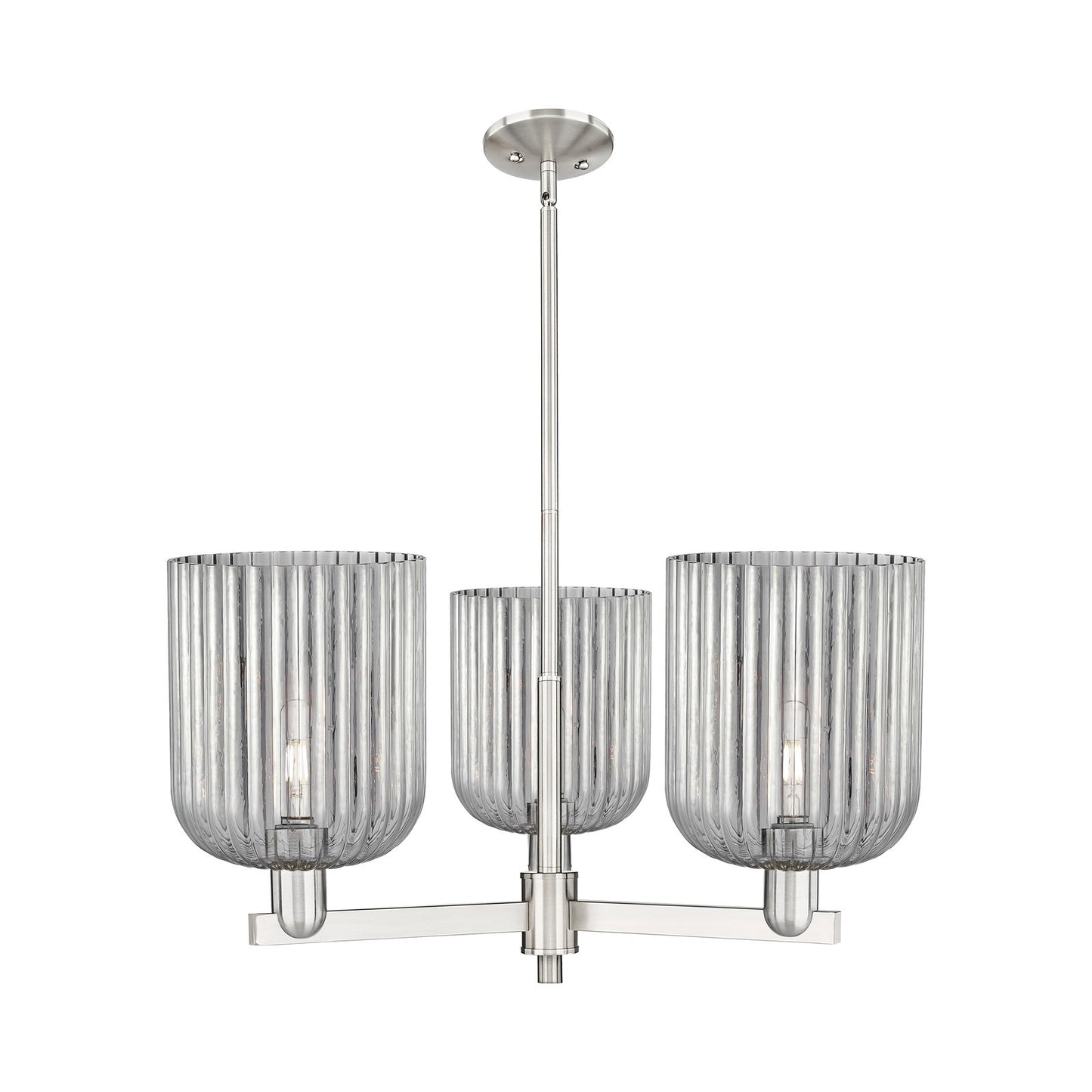 Innovations Bridal Veil 30in 3-Light Pendant | Industrial Satin Nickel Steel and Light Smoke Ribbed Glass | Kitchen Island & | Model 716-3CR-SN-G559-8SM