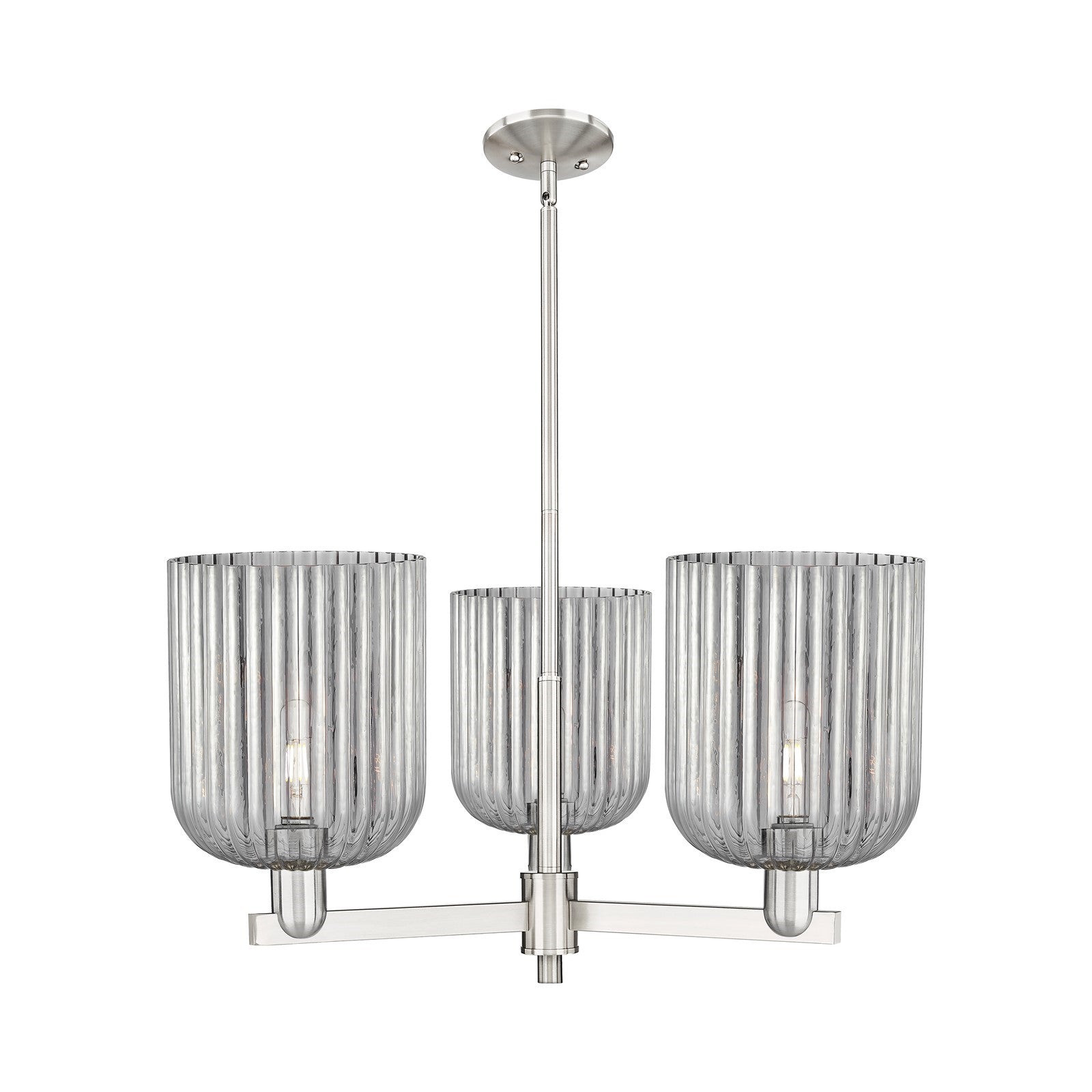 Innovations Bridal Veil 30in 3-Light Pendant | Industrial Satin Nickel Steel and Light Smoke Ribbed Glass | Kitchen Island & | Model 716-3CR-SN-G559-8SM