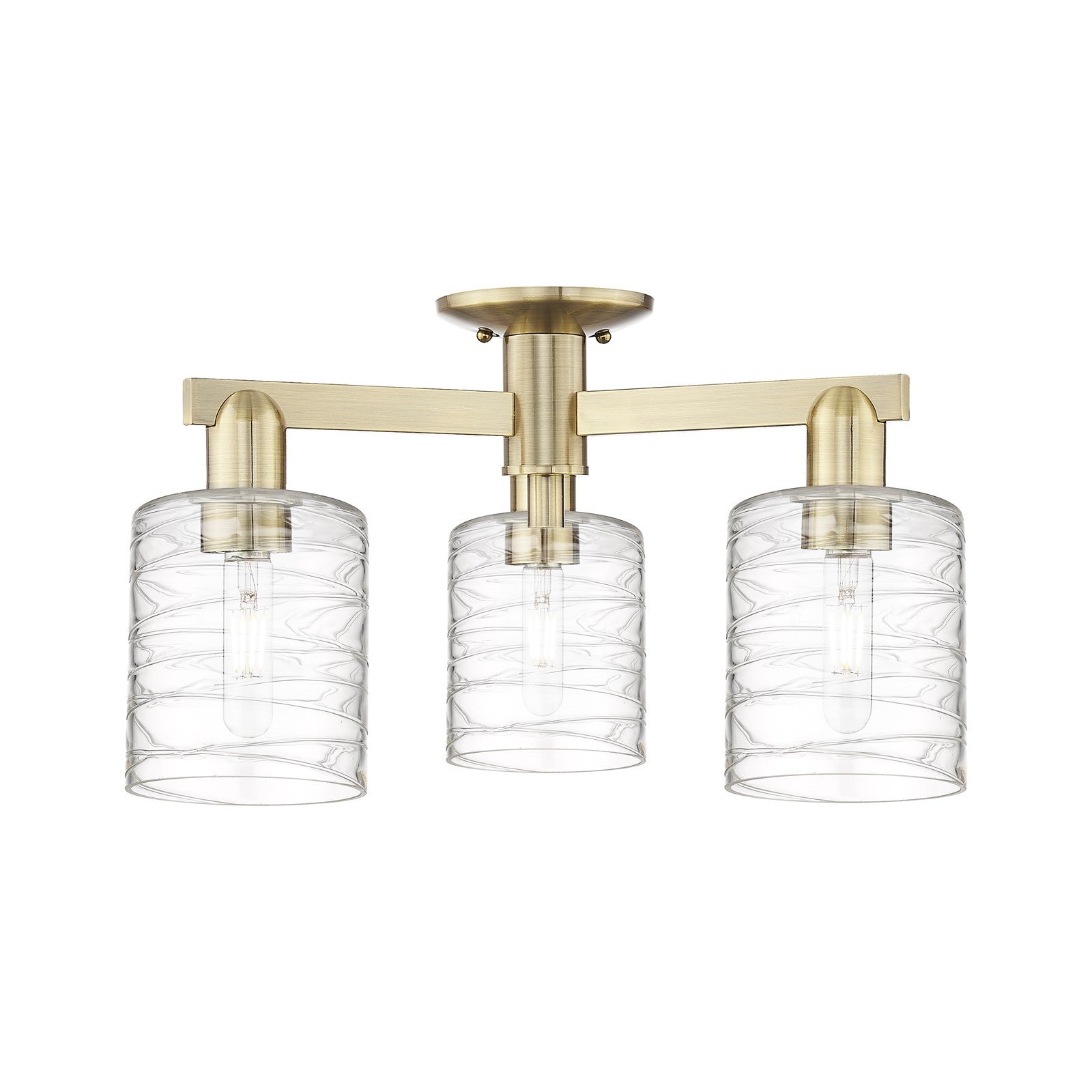 Innovations Cobbleskill 22.5in 3-Light Semi-Flush Mount | Industrial Antique Brass and Deco Swirl Glass | Damp-Rated Entryway & | Model 716-3F-AB-G1113