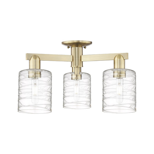 Innovations Cobbleskill 22.5in 3-Light Semi-Flush Mount | Industrial Antique Brass and Deco Swirl Glass | Damp-Rated Entryway & | Model 716-3F-AB-G1113