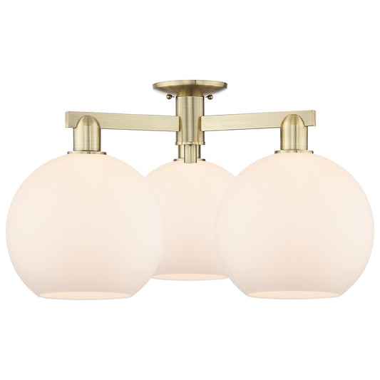 Innovations Athens 28in 3-Light Semi-Flush Mount | Industrial Antique Brass Steel and Matte White Glass | Kitchen & Entryway | Model 716-3F-AB-G121-10