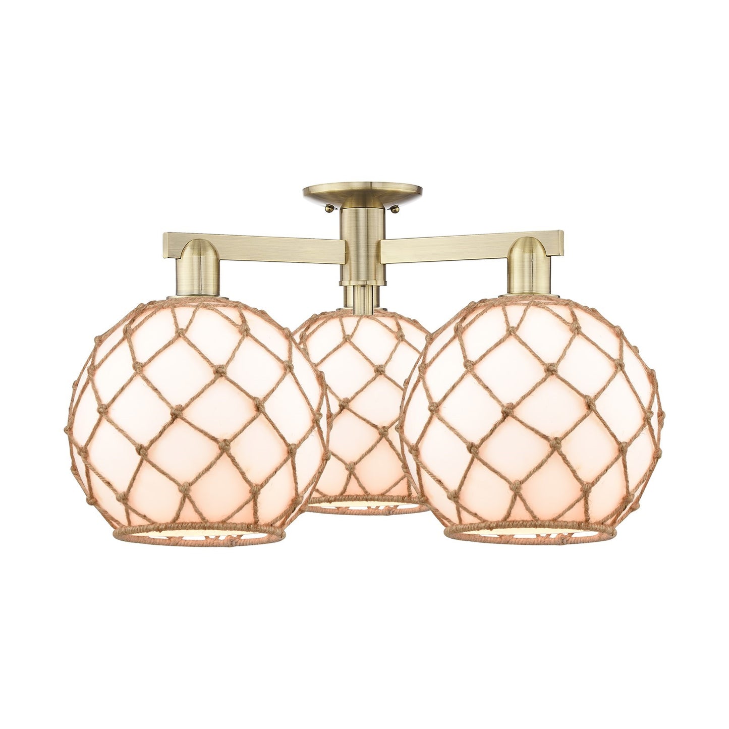Innovations Farmhouse Rope 28in 3-Light Semi-Flush Mount | Industrial Antique Brass Steel and Matte White Glass with Rope | Model 716-3F-AB-G121-10RB