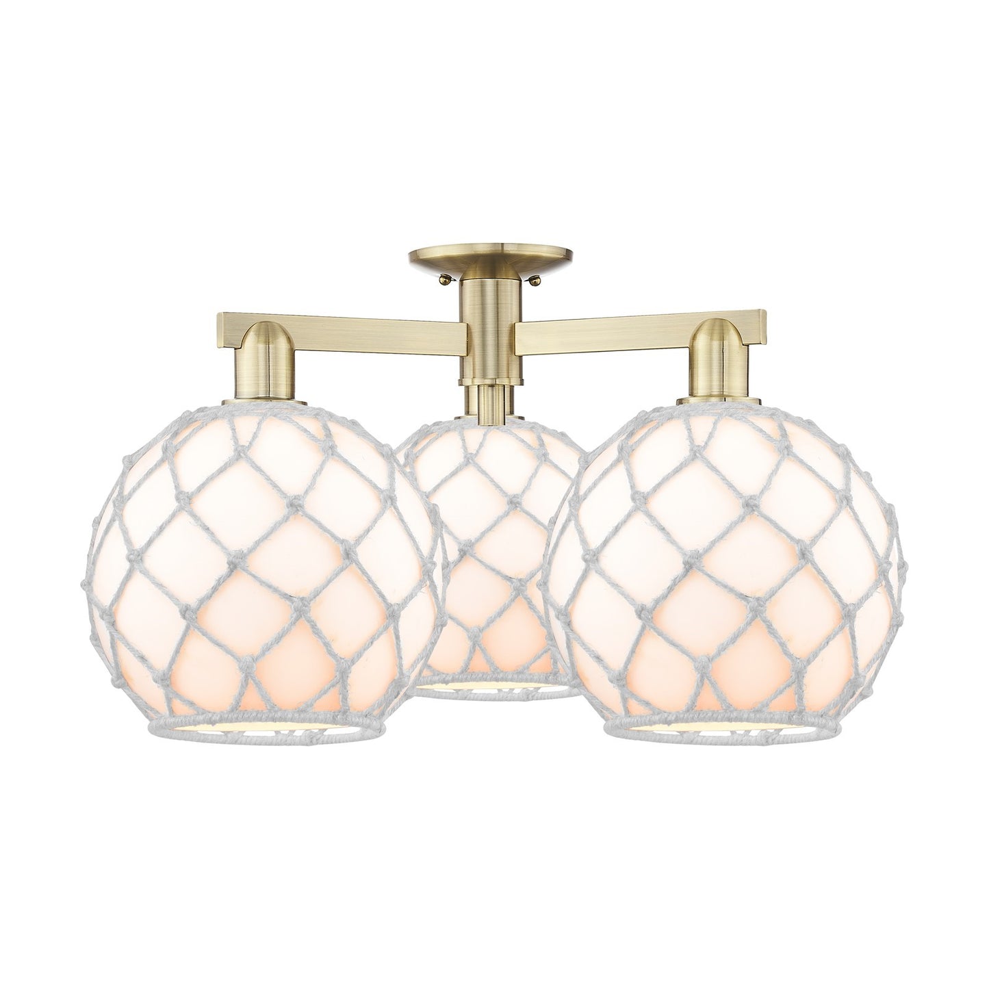 Innovations Farmhouse Rope 28in 3-Light Semi-Flush Mount | Industrial Antique Brass Steel and White Glass Rope | Kitchen & | Model 716-3F-AB-G121-10RW