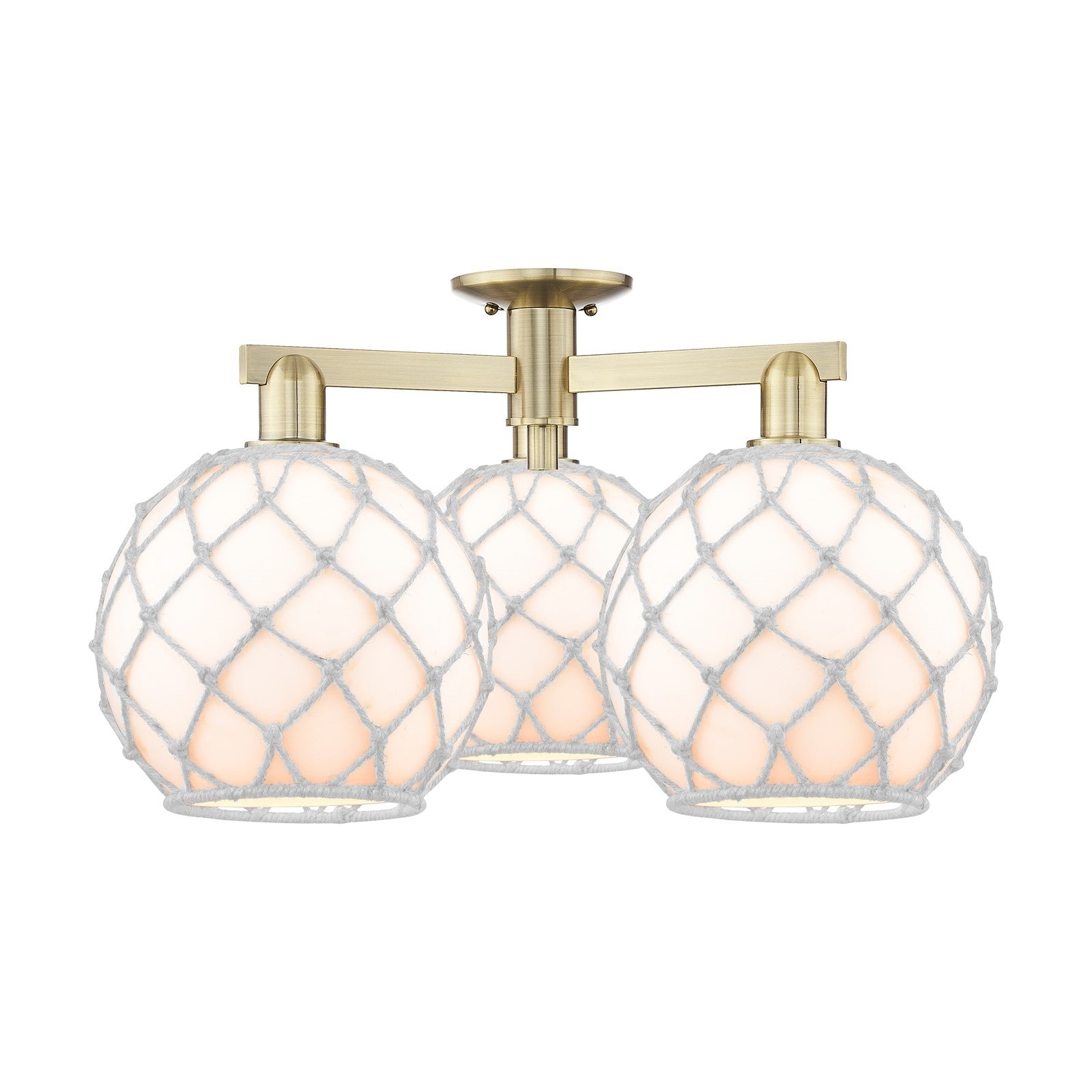 Innovations Farmhouse Rope 28in 3-Light Semi-Flush Mount | Industrial Antique Brass Steel and White Glass Rope | Kitchen & | Model 716-3F-AB-G121-10RW