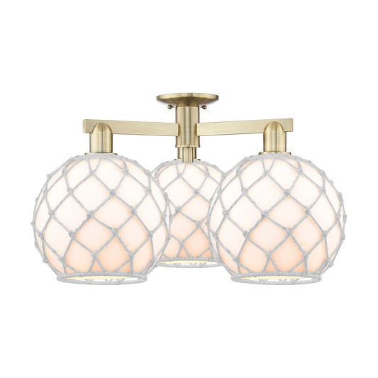 Innovations Farmhouse Rope 28in 3-Light Semi-Flush Mount | Industrial Antique Brass Steel and White Glass Rope | Kitchen & | Model 716-3F-AB-G121-10RW