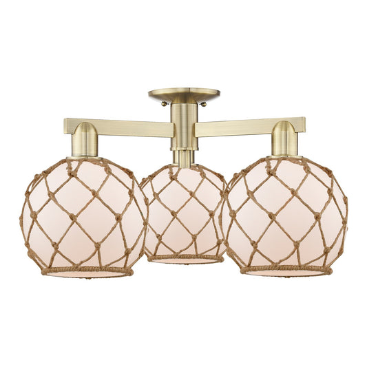Innovations Farmhouse Rope 26in 3-Light Semi-Flush Mount | Industrial Antique Brass Steel and White Frosted Glass with Brown | Model 716-3F-AB-G121-8RB