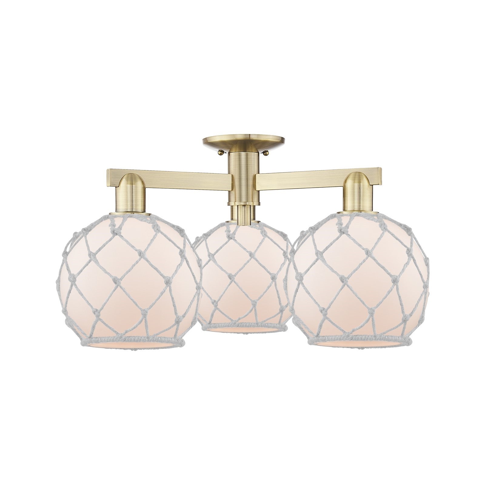 Innovations Farmhouse Rope 26in 3-Light Semi-Flush Mount | Industrial Antique Brass Steel and White Frosted Glass with Rope | Model 716-3F-AB-G121-8RW