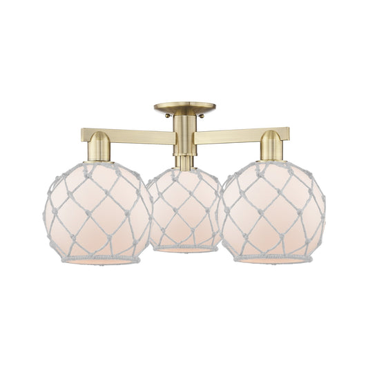 Innovations Farmhouse Rope 26in 3-Light Semi-Flush Mount | Industrial Antique Brass Steel and White Frosted Glass with Rope | Model 716-3F-AB-G121-8RW