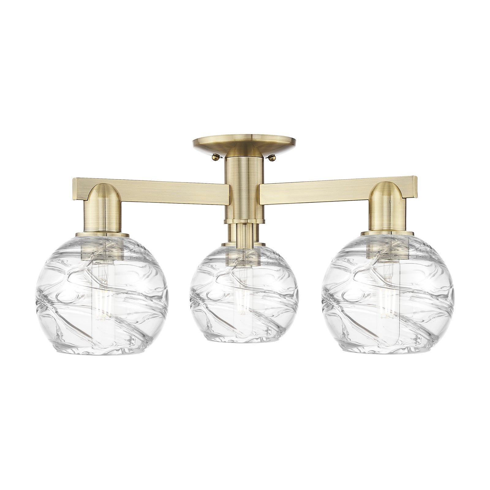 Innovations Athens Deco Swirl 23in 3-Light Semi-Flush Mount | Industrial Antique Brass Steel and Clear Deco Swirl Glass | Model 716-3F-AB-G1213-6CL