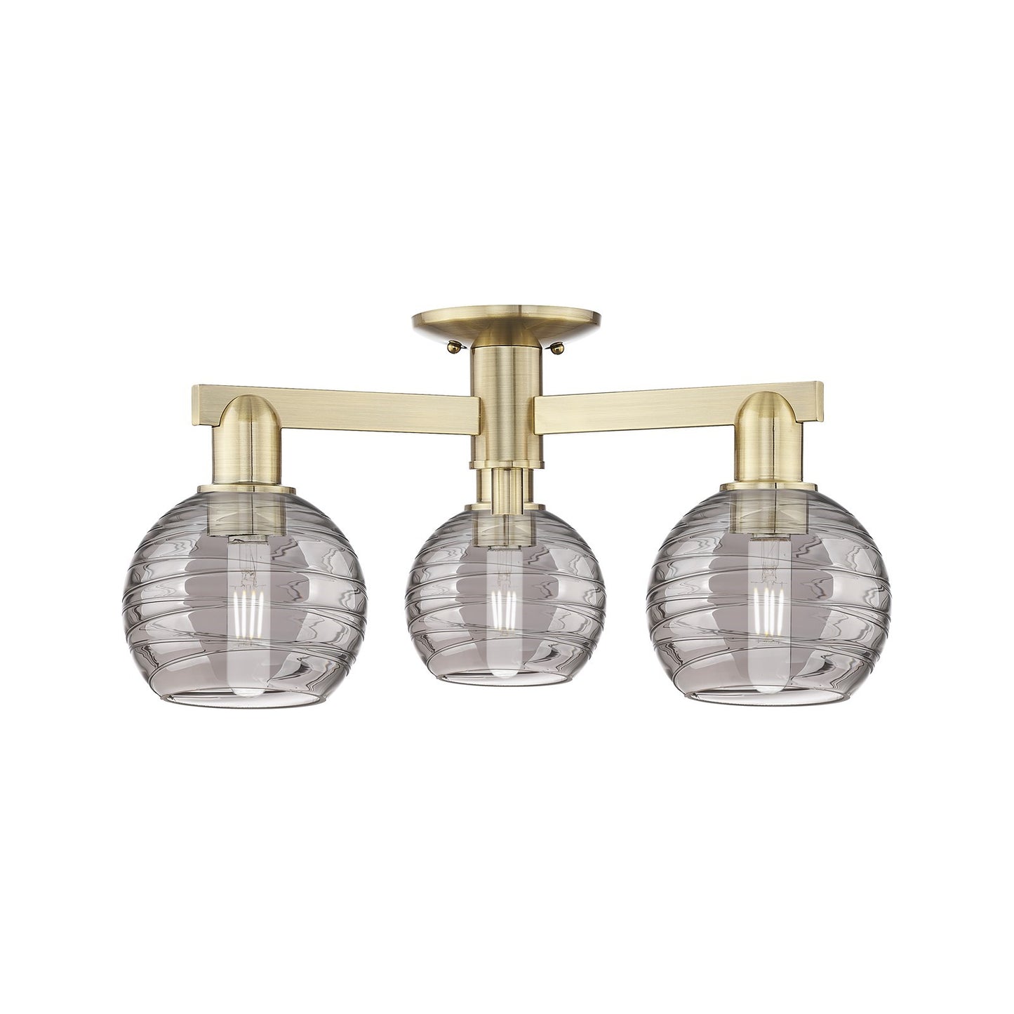 Innovations Athens Deco Swirl 23in 3-Light Semi-Flush Mount | Industrial Antique Brass Steel and Light Smoke Glass | Model 716-3F-AB-G1213-6SM
