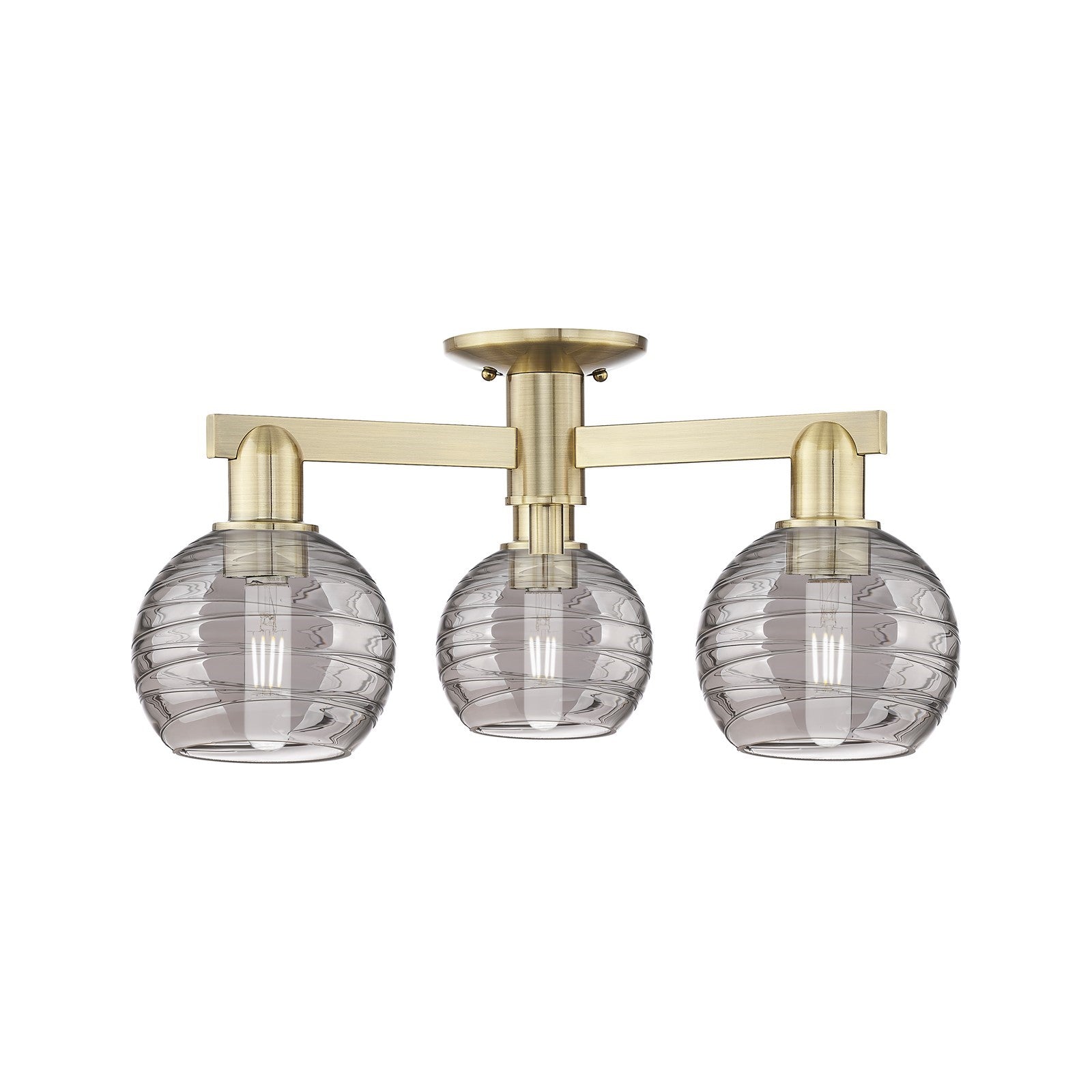 Innovations Athens Deco Swirl 23in 3-Light Semi-Flush Mount | Industrial Antique Brass Steel and Light Smoke Glass | Model 716-3F-AB-G1213-6SM