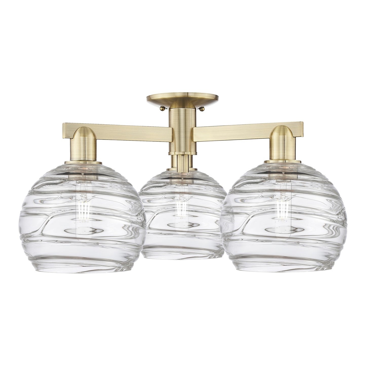 Innovations Athens Deco Swirl 26in 3-Light Semi-Flush Mount | Industrial Antique Brass Steel and Clear Deco Swirl Glass | Model 716-3F-AB-G1213-8CL