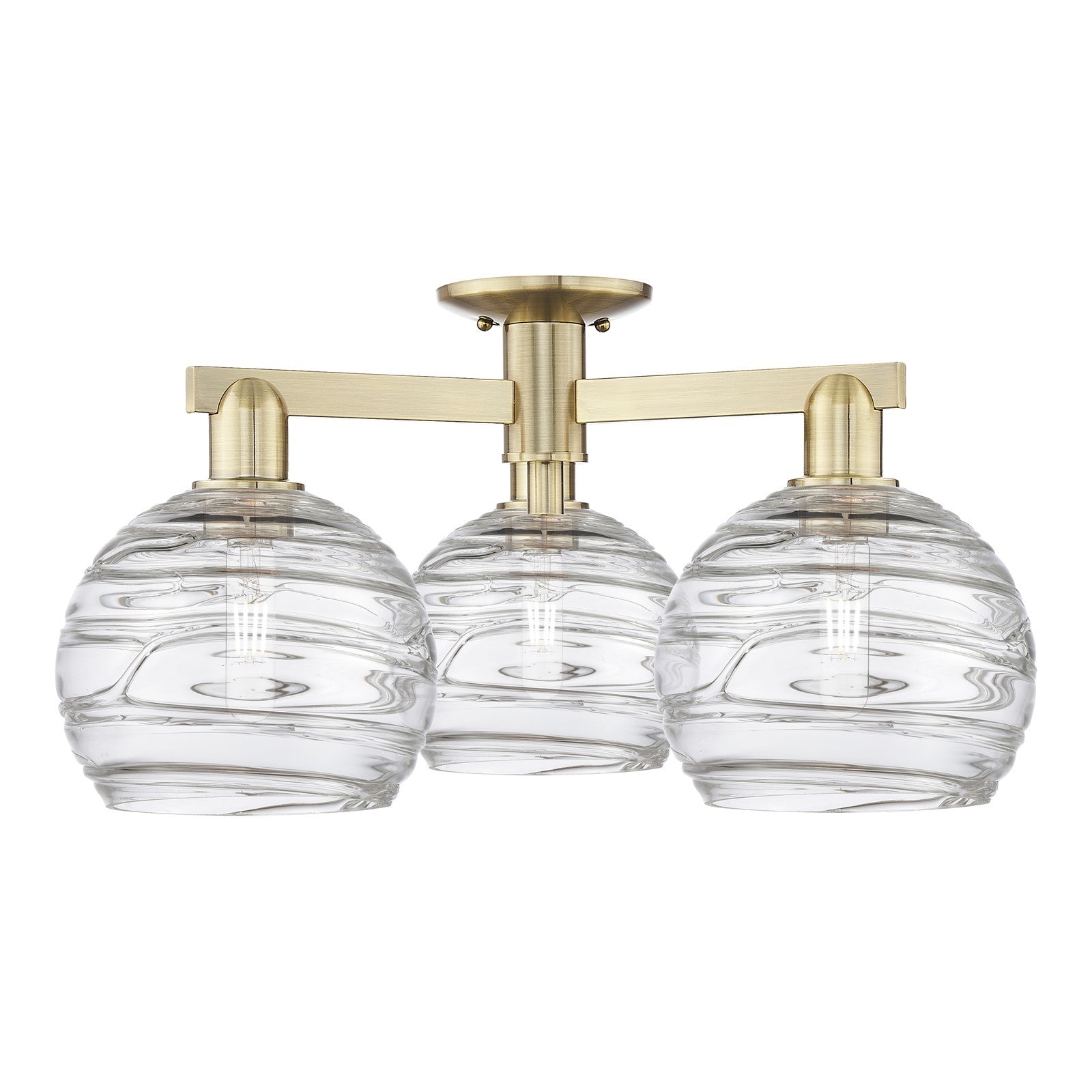 Innovations Athens Deco Swirl 26in 3-Light Semi-Flush Mount | Industrial Antique Brass Steel and Clear Deco Swirl Glass | Model 716-3F-AB-G1213-8CL
