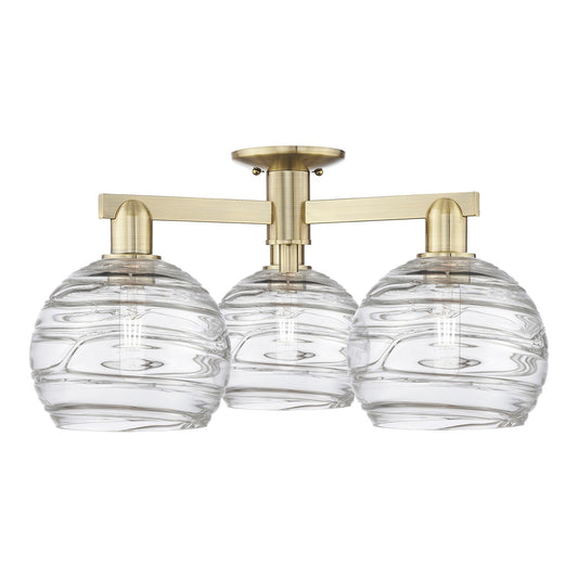Innovations Athens Deco Swirl 26in 3-Light Semi-Flush Mount | Industrial Antique Brass Steel and Clear Deco Swirl Glass | Model 716-3F-AB-G1213-8CL