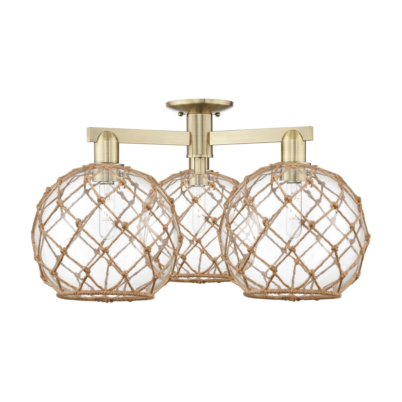 Innovations Farmhouse Rope 28in 3-Light Semi-Flush Mount | Industrial Antique Brass Steel and Clear Glass with Brown Rope | Model 716-3F-AB-G122-10RB