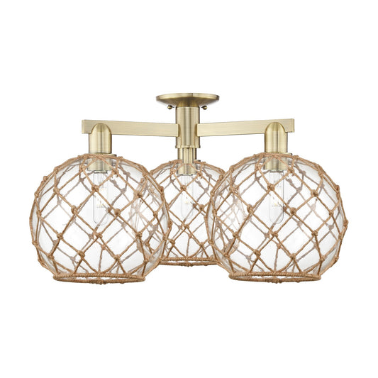 Innovations Farmhouse Rope 28in 3-Light Semi-Flush Mount | Industrial Antique Brass Steel and Clear Glass with Brown Rope | Model 716-3F-AB-G122-10RB