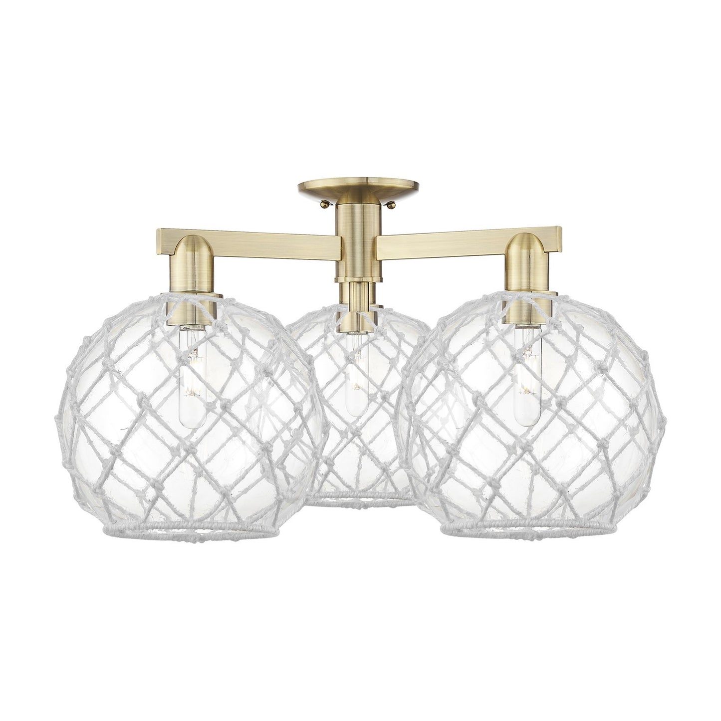 Innovations Farmhouse Rope 28in 3-Light Semi-Flush Mount | Industrial Antique Brass Steel and Clear Glass with White Rope | Model 716-3F-AB-G122-10RW