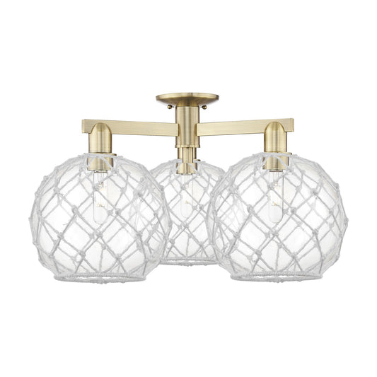 Innovations Farmhouse Rope 28in 3-Light Semi-Flush Mount | Industrial Antique Brass Steel and Clear Glass with White Rope | Model 716-3F-AB-G122-10RW