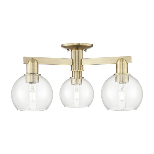 Innovations Athens 23in 3-Light Semi-Flush Mount | Industrial Antique Brass Steel and Clear Glass | Damp-Rated Entryway & Hallway | Model 716-3F-AB-G122-6