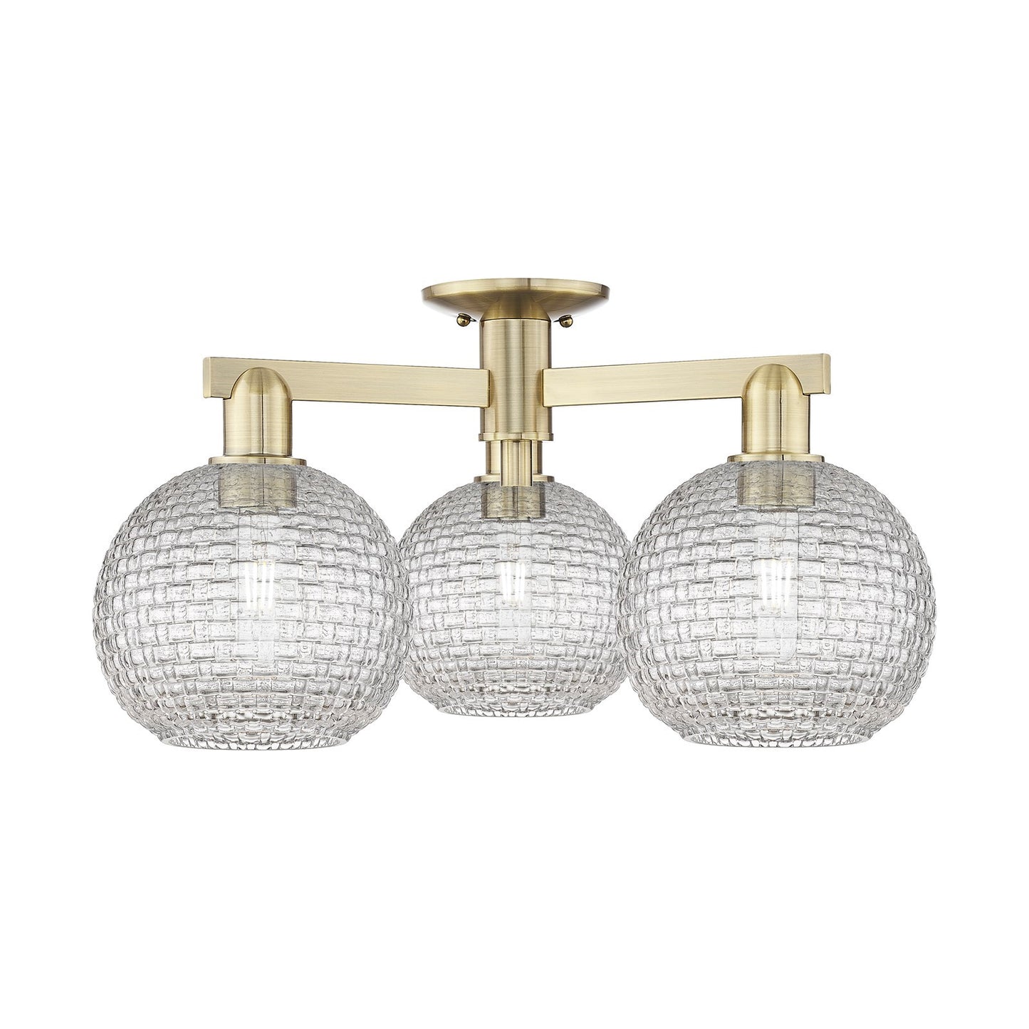 Innovations Athens 26in 3-Light Semi-Flush Mount | Industrial Antique Brass and Clear Basket Weave Glass | Entryway & Hallway | Model 716-3F-AB-G122C-8CL