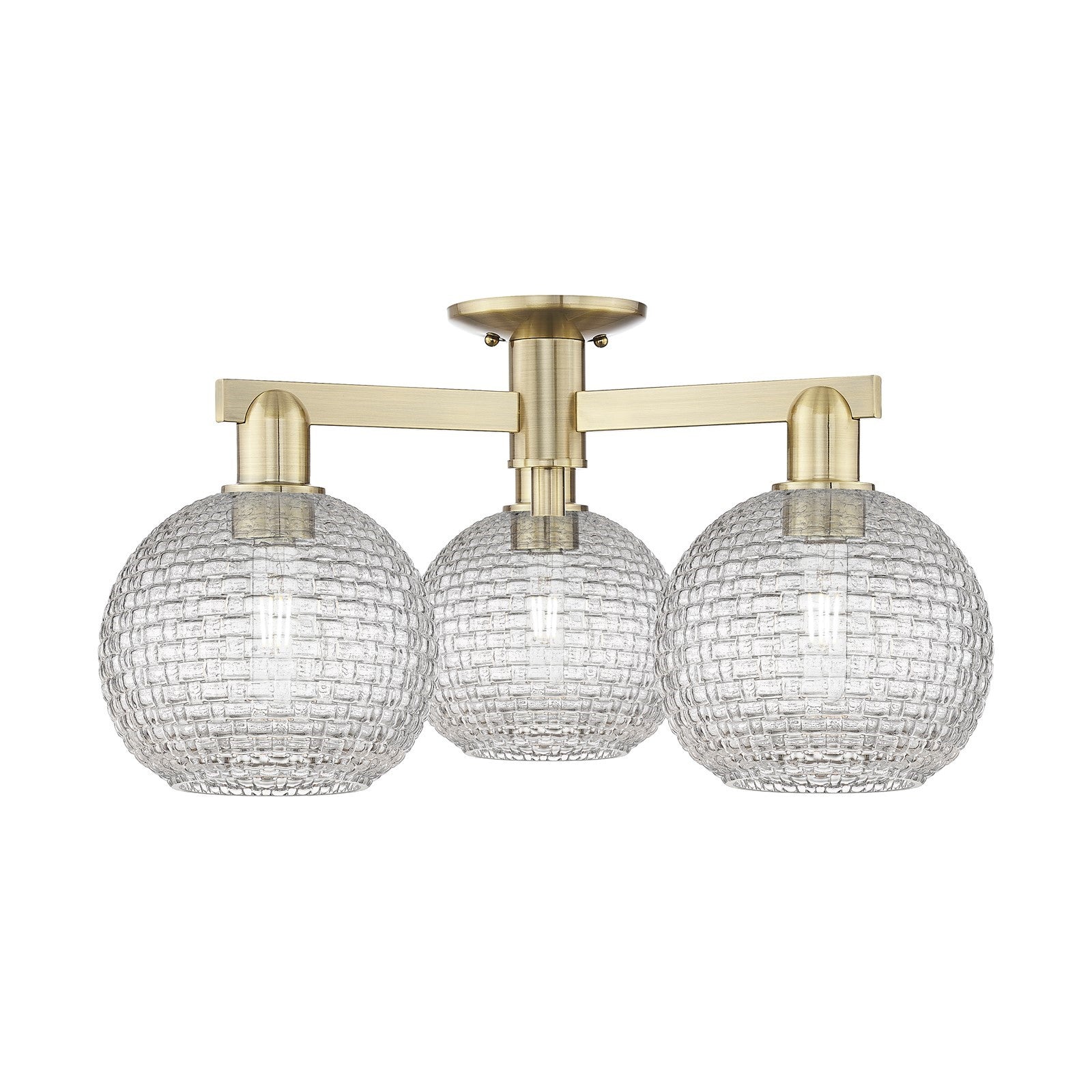 Innovations Athens 26in 3-Light Semi-Flush Mount | Industrial Antique Brass and Clear Basket Weave Glass | Entryway & Hallway | Model 716-3F-AB-G122C-8CL